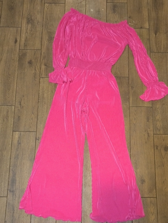 Jolie & Joy by FCT With Love Pants - Off-Shoulder Hot Pink Wide-Leg Jumpsuit with Smocked Waist